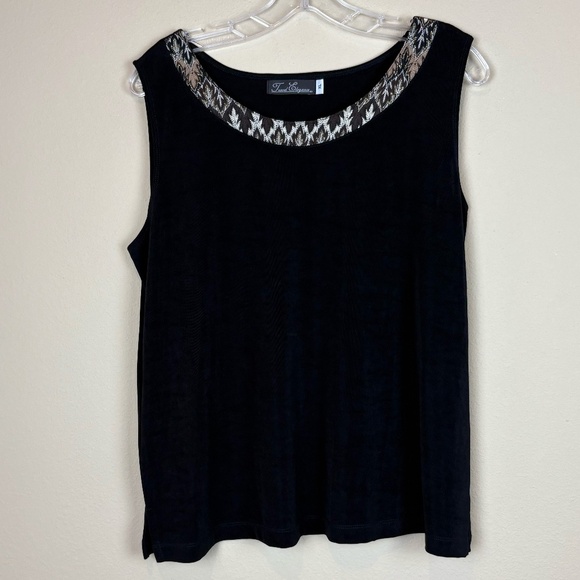 Travel Elegance Black Tank Top Blouse with Cream/Brown/Gold Shimmer Embroidery - Picture 1 of 8